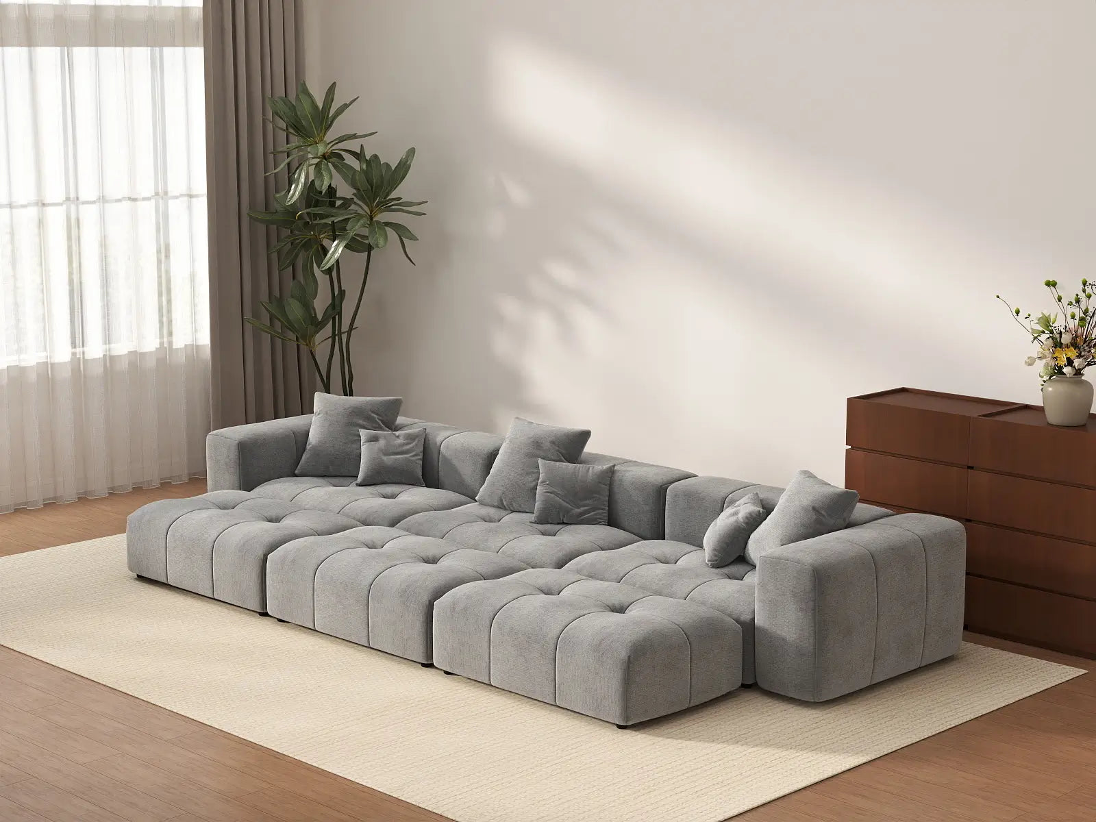 Matrix 3-Seater Light Grey Large Space Pit Sectional | 6-Piece (Includes 3 Ottomans), Linen Fabric