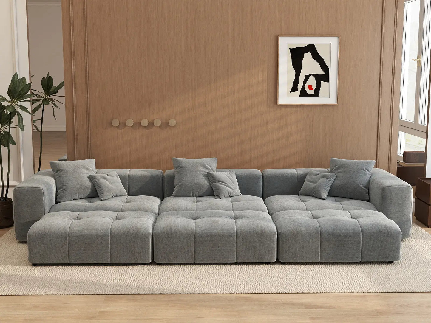 Matrix 3-Seater Light Grey Large Space Pit Sectional | 6-Piece (Includes 3 Ottomans), Linen Fabric