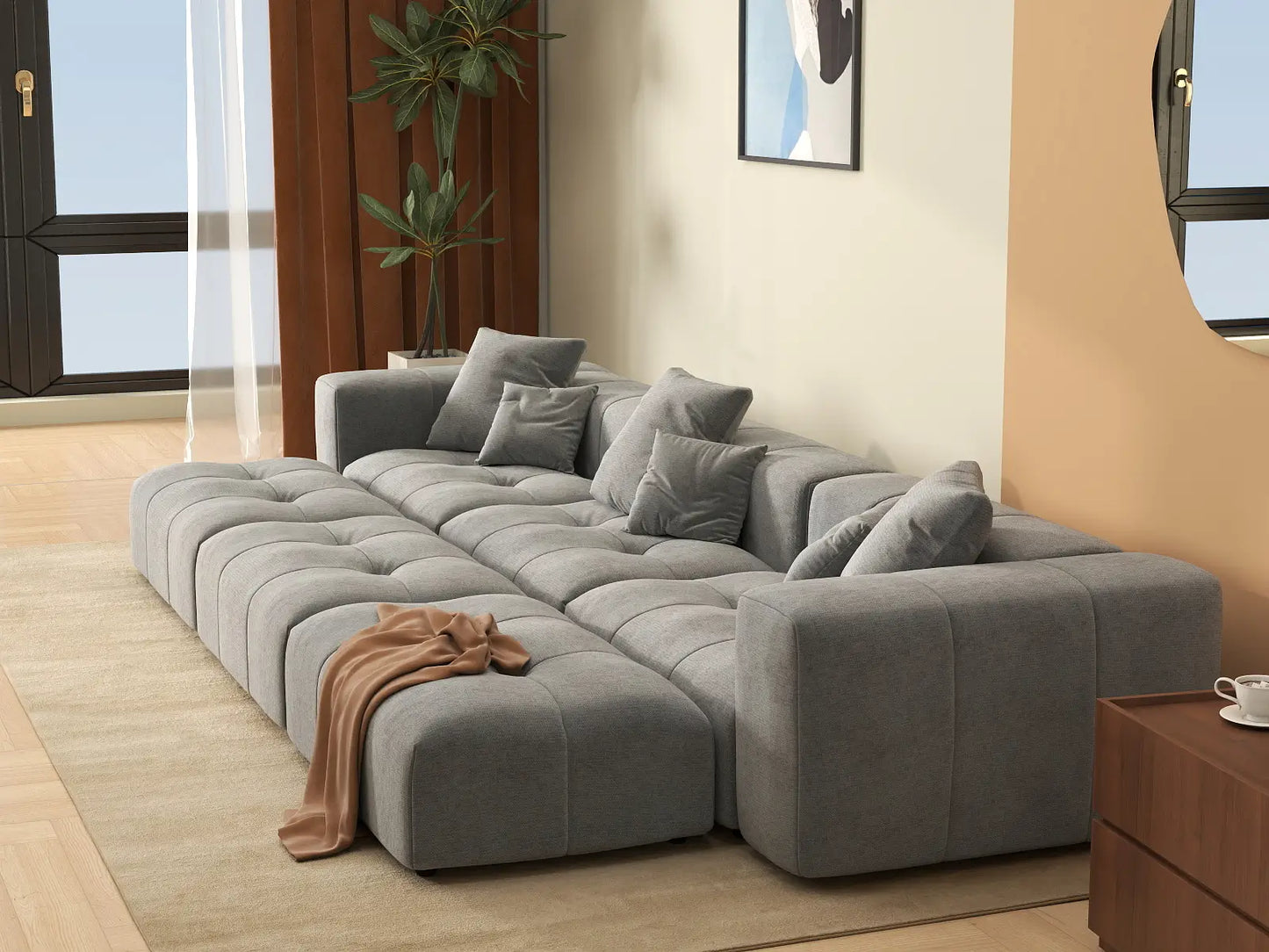 Matrix 3-Seater Light Grey Large Space Pit Sectional | 6-Piece (Includes 3 Ottomans), Linen Fabric