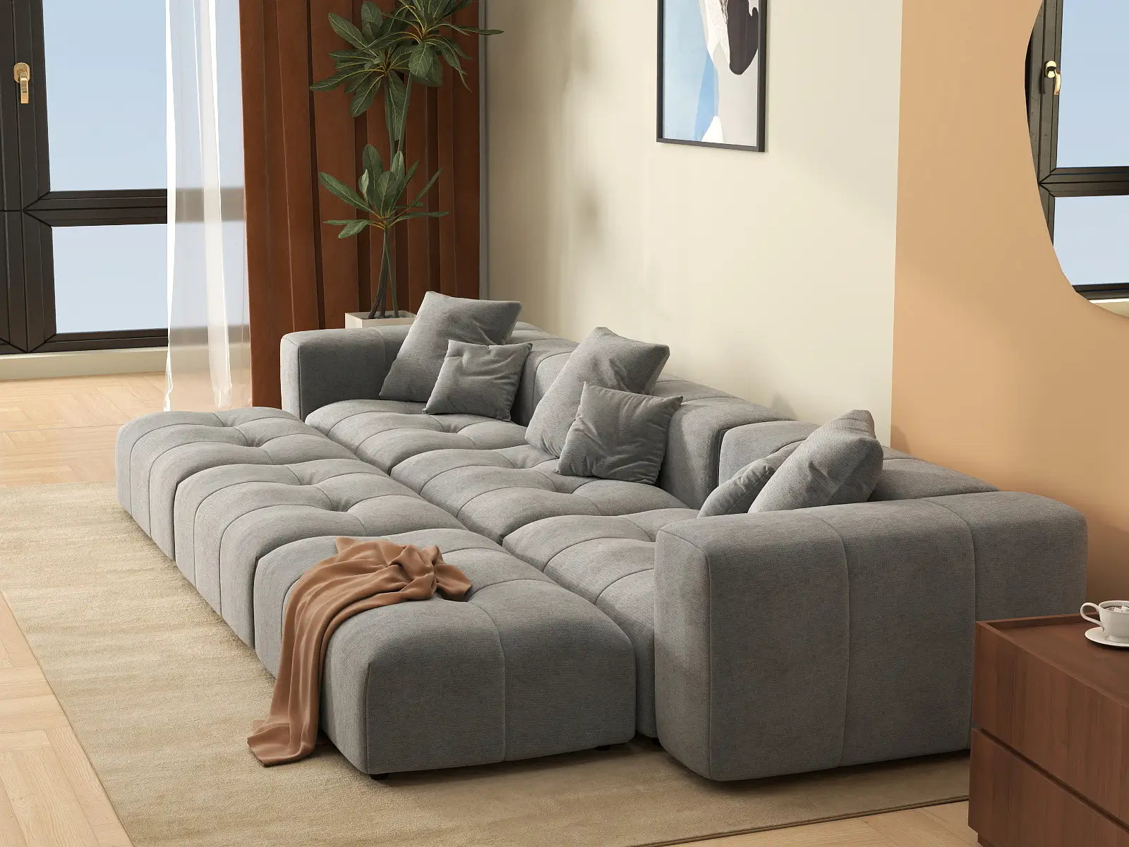 Matrix 3-Seater Light Grey Large Space Pit Sectional | 6-Piece (Includes 3 Ottomans), Linen Fabric