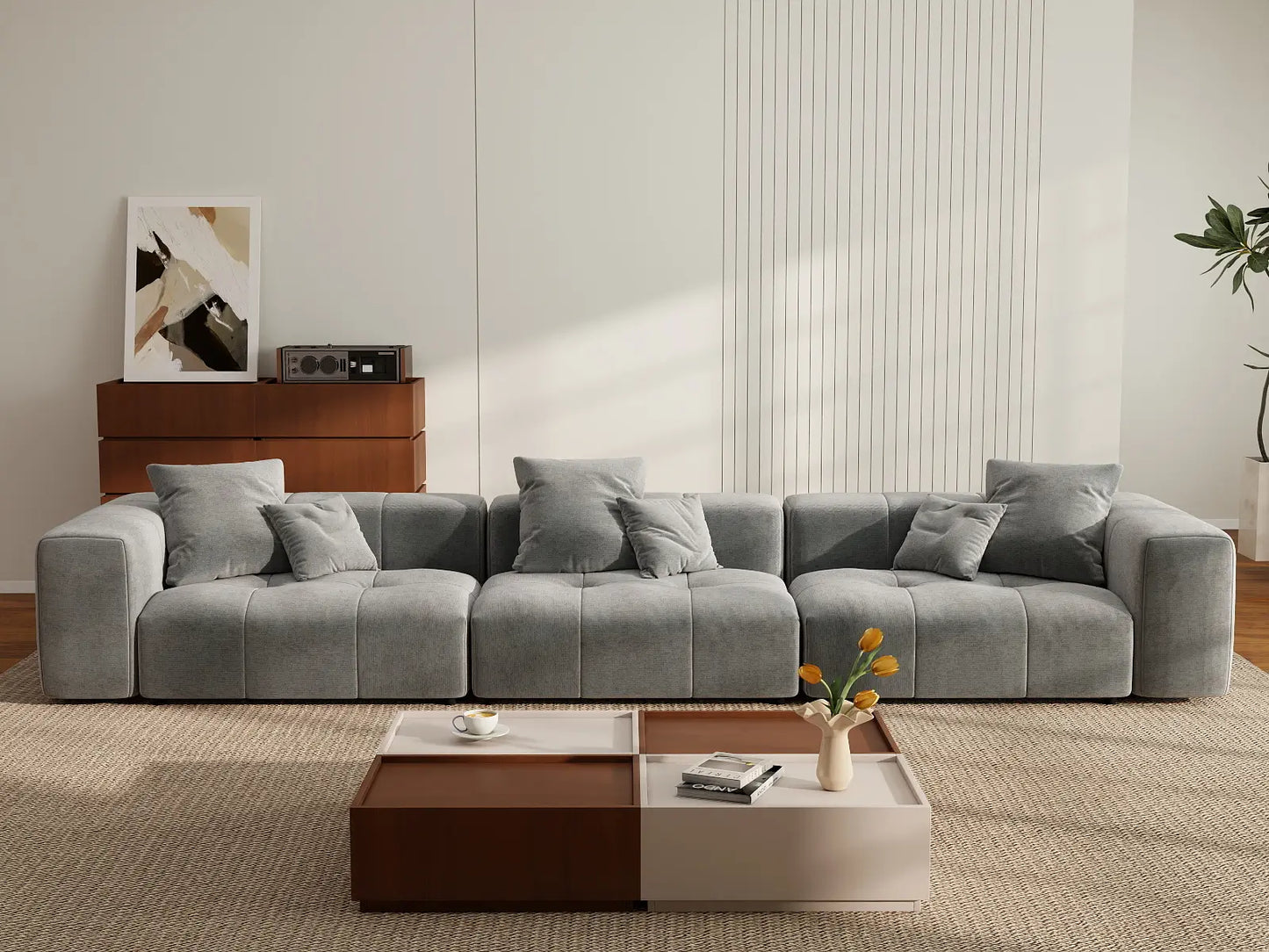 Matrix 3-Seater Light Grey Linen Couch Sectional | 3-Piece, Modern Style