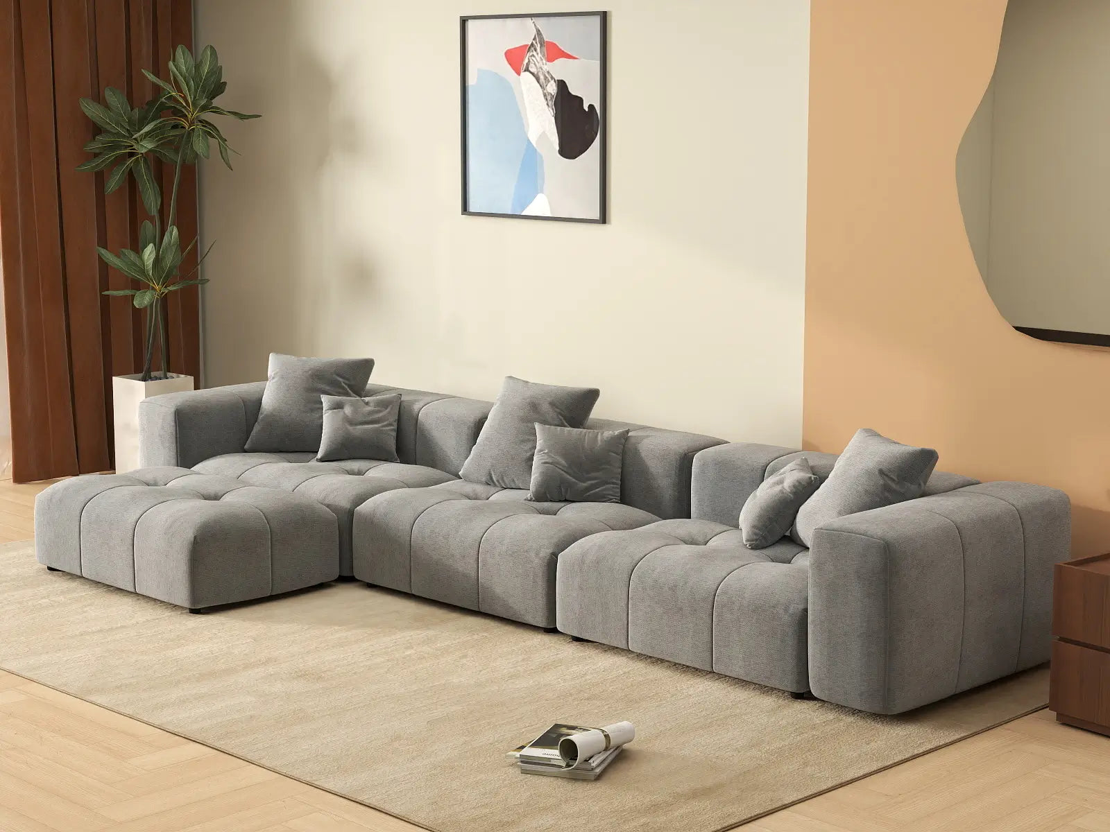 Matrix 3-Seater Light-Grey Sofa Set | 4-Piece (Includes 1 Ottoman), Linen Fabric