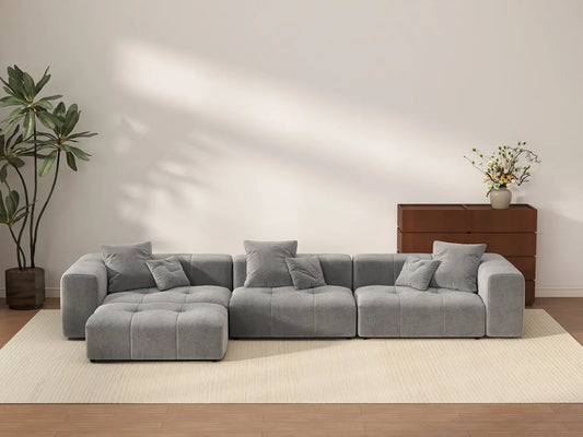 Matrix 3-Seater Light-Grey Sofa Set | 4-Piece (Includes 1 Ottoman), Linen Fabric