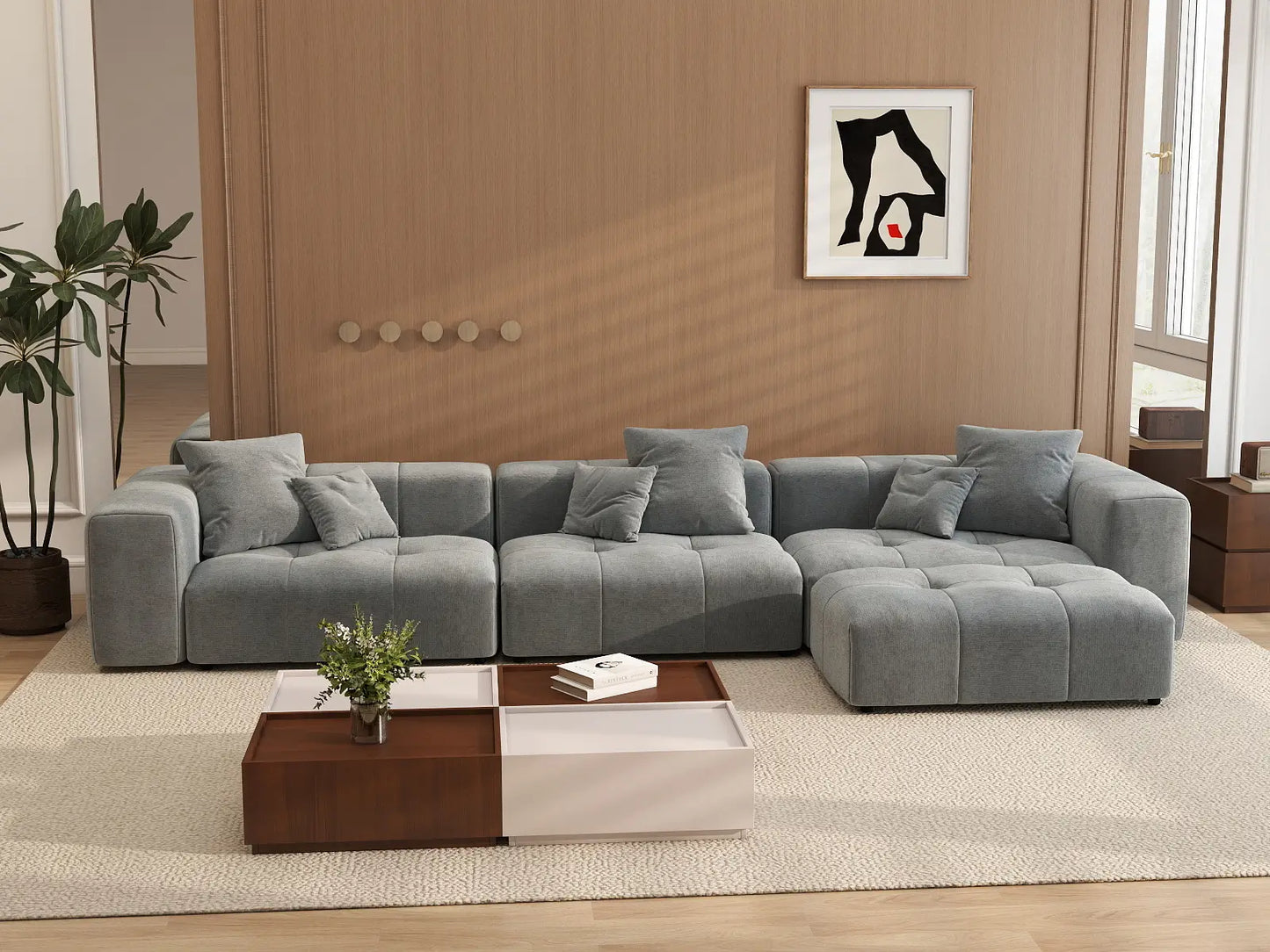 Matrix 3-Seater Light-Grey Sofa Set | 4-Piece (Includes 1 Ottoman), Linen Fabric