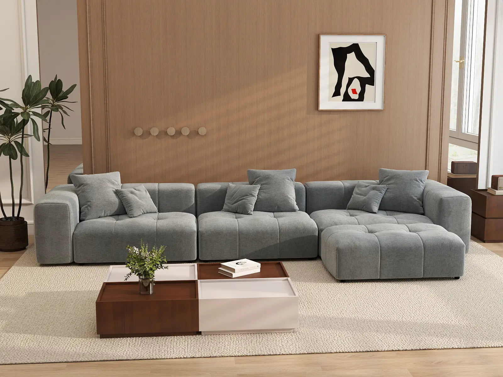 Matrix 3-Seater Light-Grey Sofa Set | 4-Piece (Includes 1 Ottoman), Linen Fabric