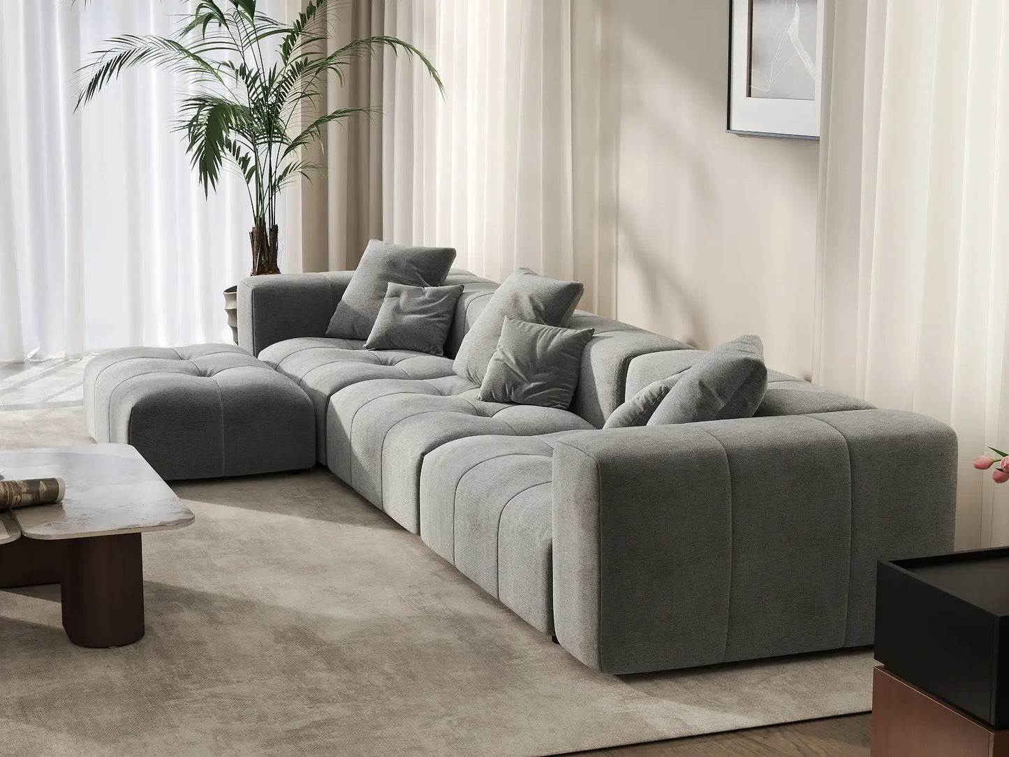 Matrix 3-Seater Light-Grey Sofa Set | 4-Piece (Includes 1 Ottoman), Linen Fabric