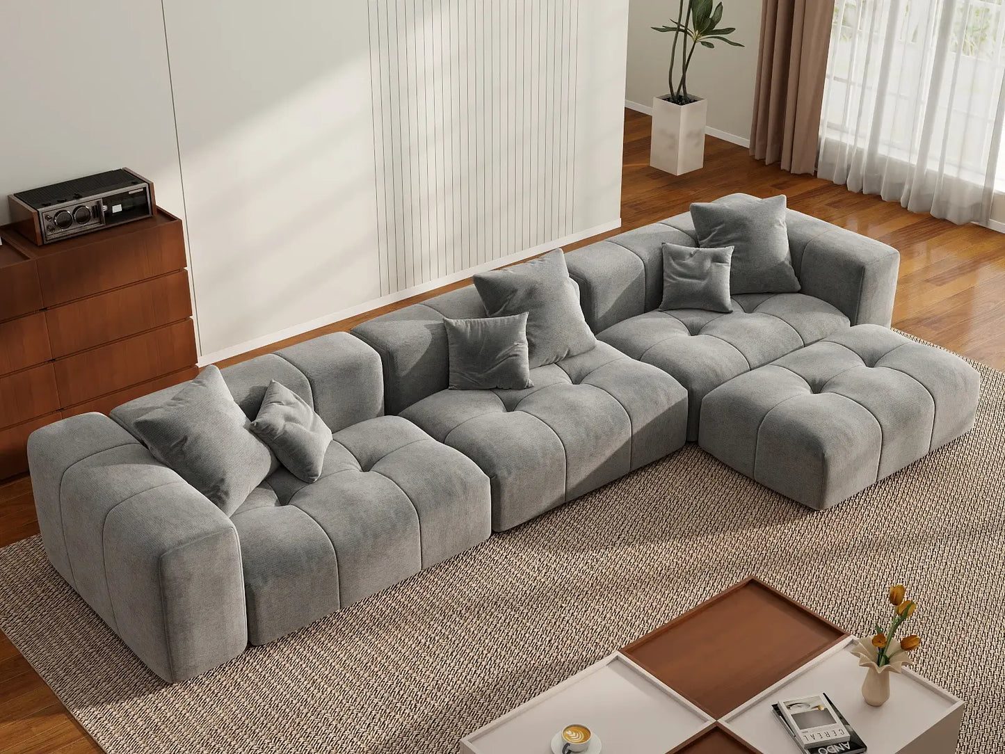Matrix 3-Seater Light-Grey Sofa Set | 4-Piece (Includes 1 Ottoman), Linen Fabric