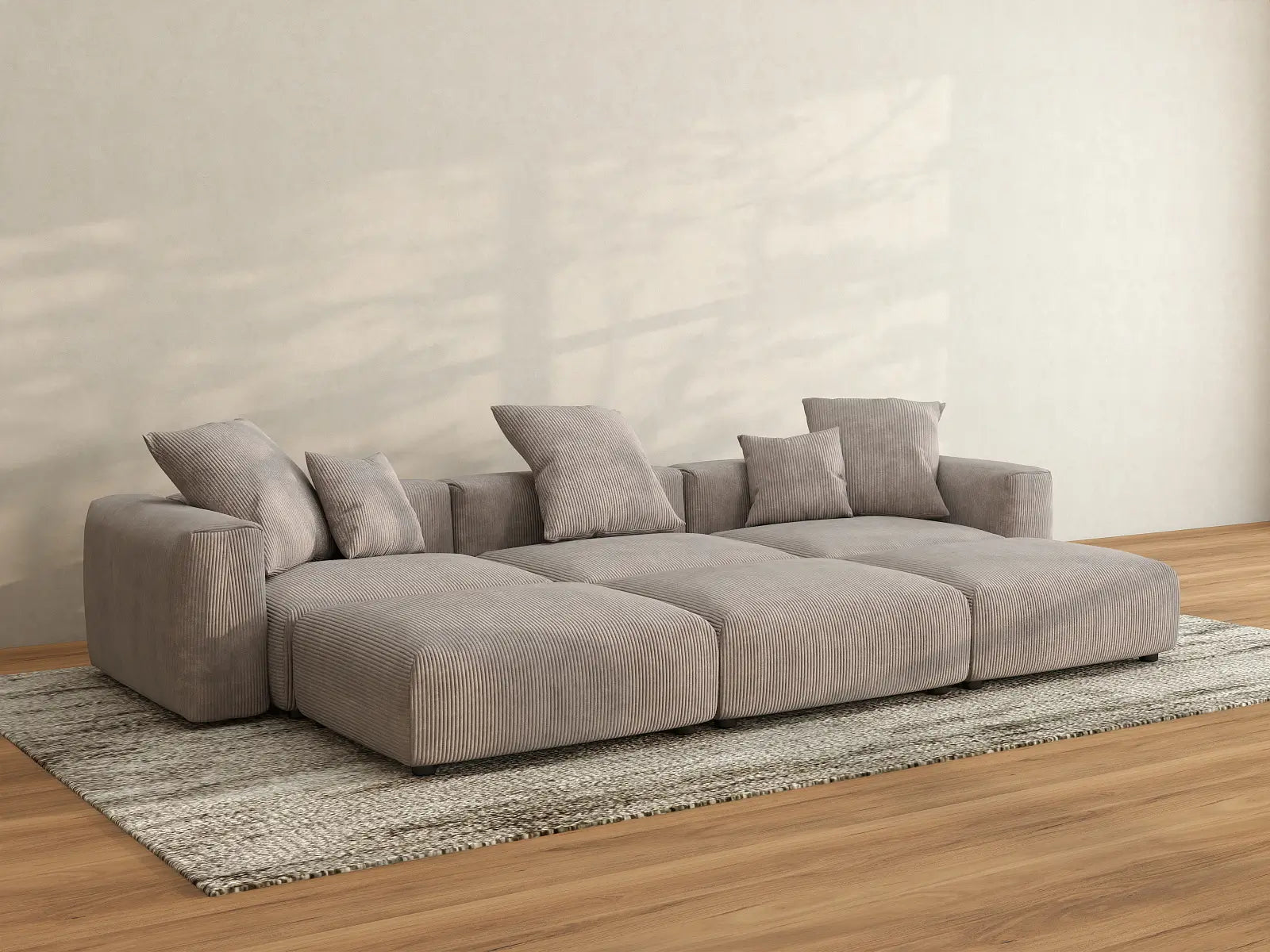 Seccional Matrix de 3 plazas con foso, color marrón | 6 piezas (incluye 3 pufs), tejido de pana, asientos para sala familiar, fundas de cojín lavables