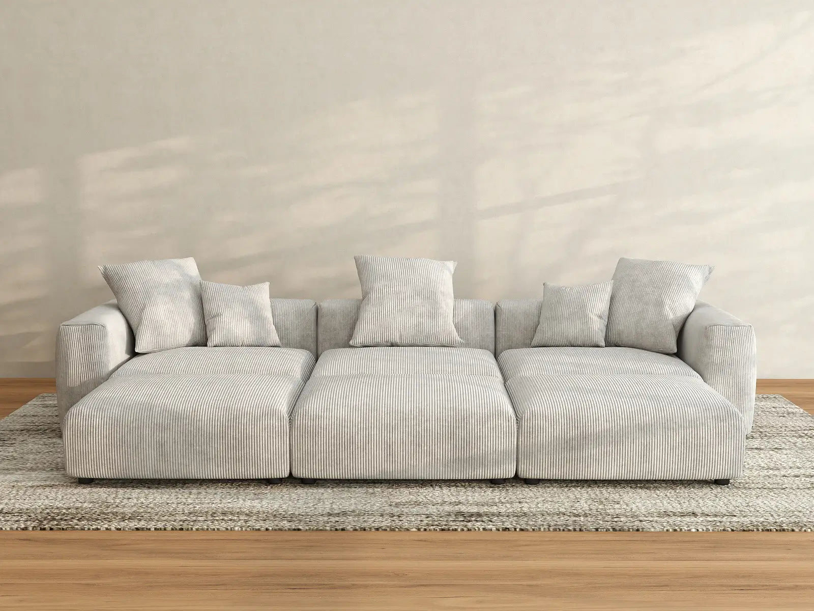 Sofá seccional Matrix de 3 plazas con forma de pozo en pana gris | 6 piezas (incluye 3 otomanas), asientos para sala familiar, fácil de limpiar, diseño modular