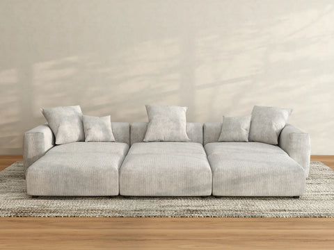Matrix 3-Seater Pit Sectional in Grey Corduroy | 6-Piece (Includes 3 Ottomans), Family Room Seating, Easy To Clean, Modular Design
