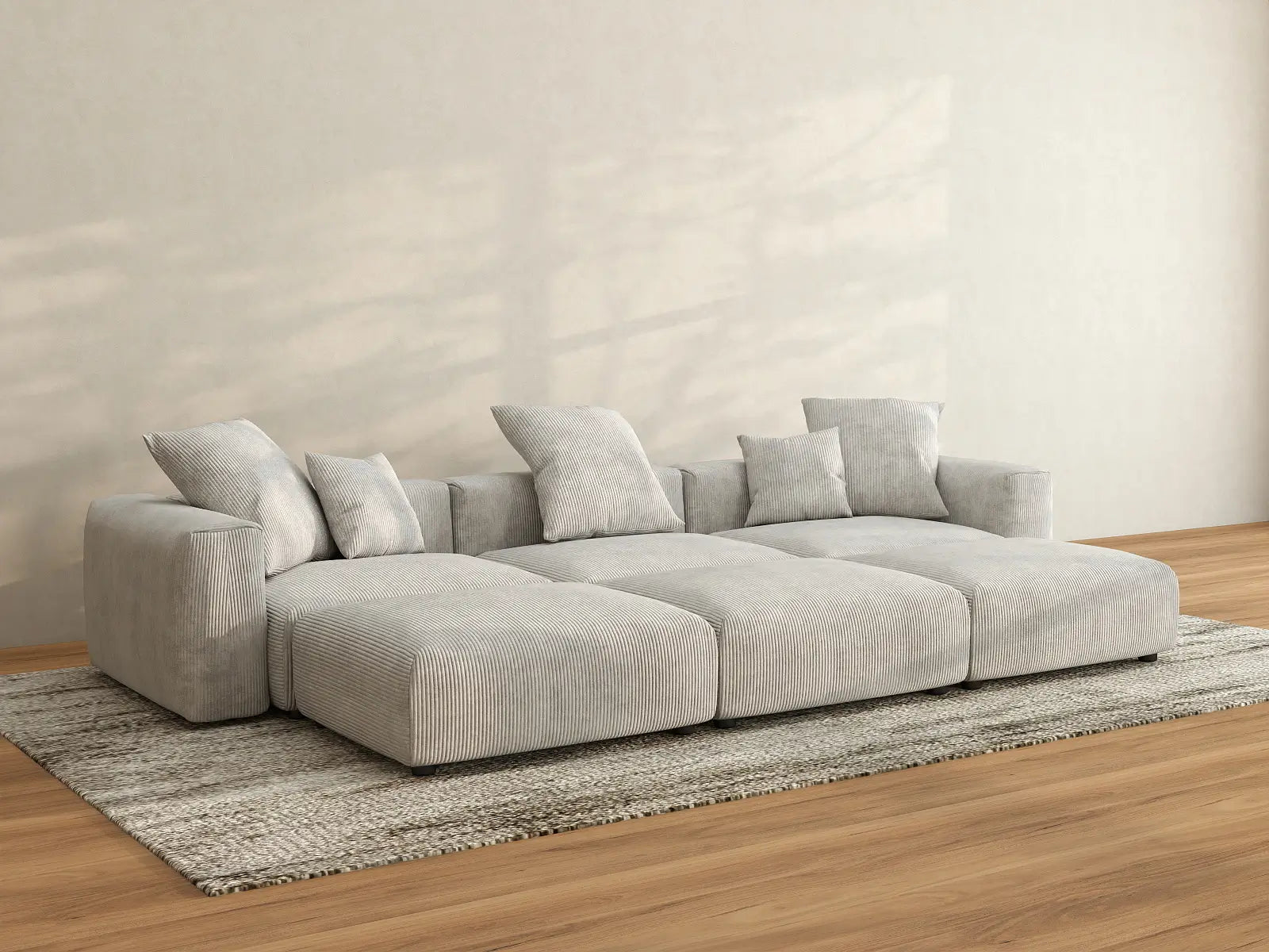 Sofá seccional Matrix de 3 plazas con forma de pozo en pana gris | 6 piezas (incluye 3 otomanas), asientos para sala familiar, fácil de limpiar, diseño modular