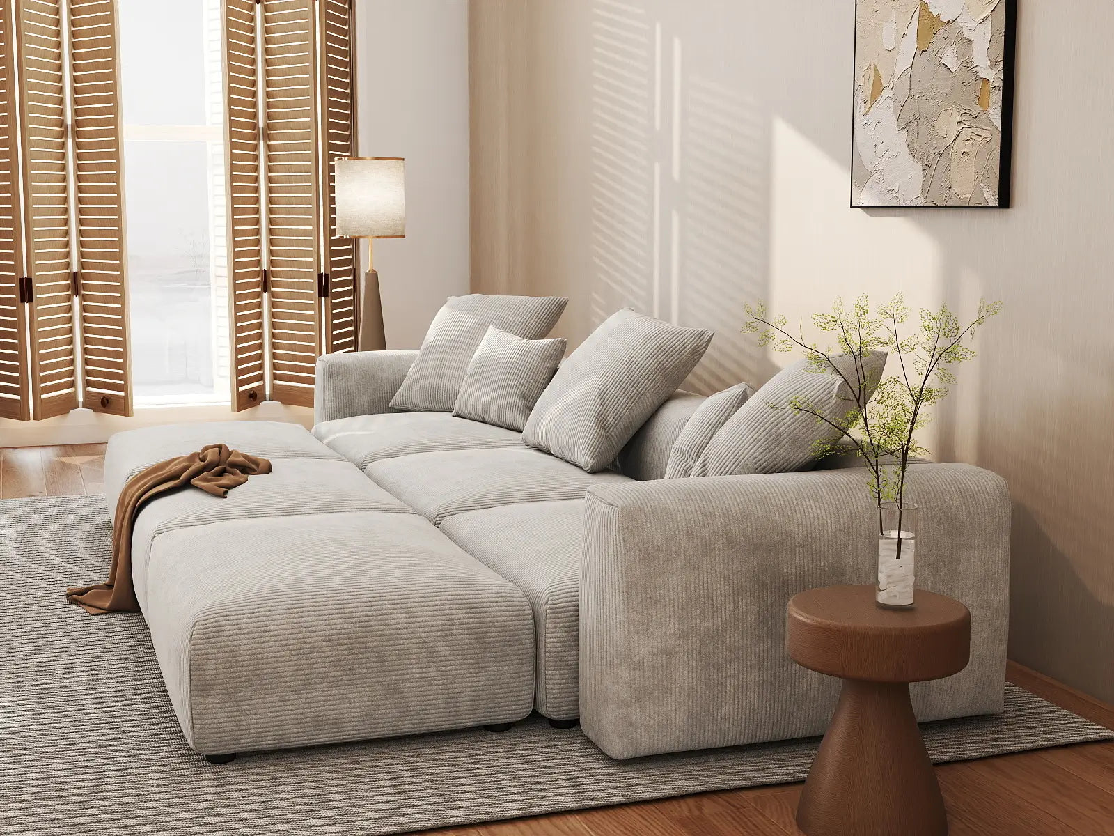 Sofá seccional Matrix de 3 plazas con forma de pozo en pana gris | 6 piezas (incluye 3 otomanas), asientos para sala familiar, fácil de limpiar, diseño modular