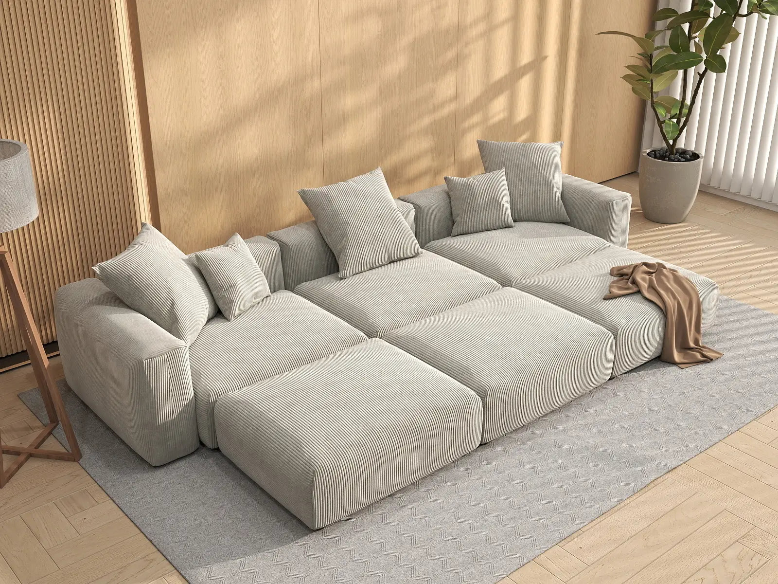 Sofá seccional Matrix de 3 plazas con forma de pozo en pana gris | 6 piezas (incluye 3 otomanas), asientos para sala familiar, fácil de limpiar, diseño modular