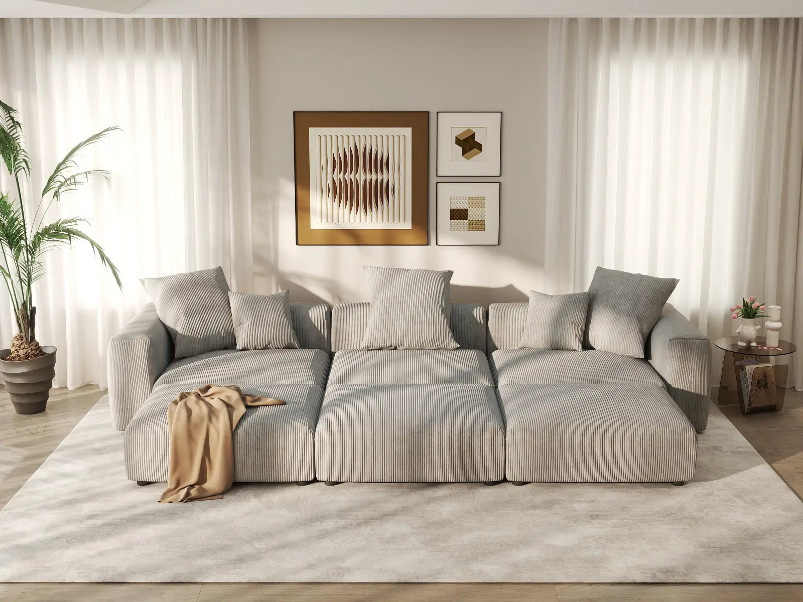Sofá seccional Matrix de 3 plazas con forma de pozo en pana gris | 6 piezas (incluye 3 otomanas), asientos para sala familiar, fácil de limpiar, diseño modular