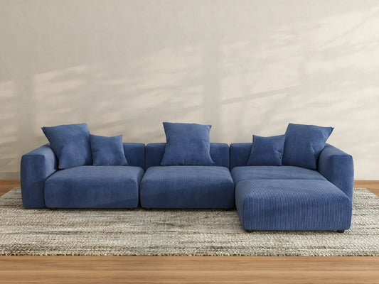 Matrix 3-Seater Sofa Set in Blue Corduroy | 4-Piece (Includes 1 Ottoman), Easy To Clean, Modern Style