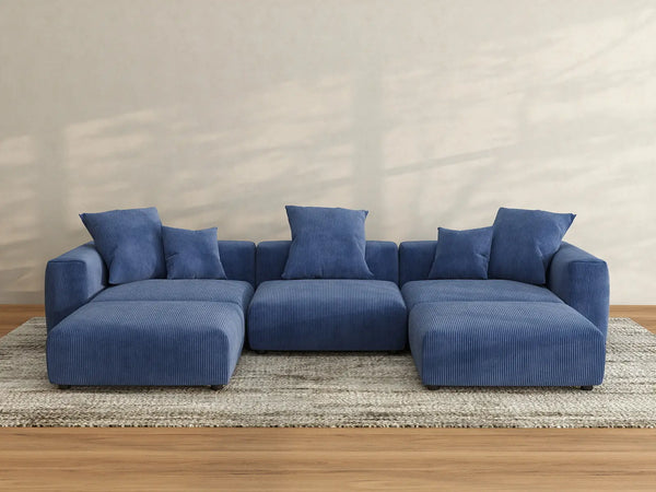 Matrix 3-Seater U-Shaped Sectional in Blue Corduroy | 5-Piece (Includes 2 Ottomans), Family Room Seating, Easy To Clean, Modular Design