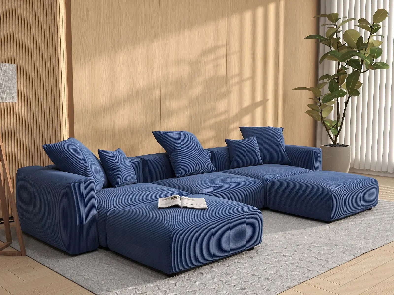 Sofá seccional Matrix en forma de U de 3 plazas en pana azul | 5 piezas (incluye 2 otomanas), asientos para la sala de estar, fácil de limpiar, diseño modular