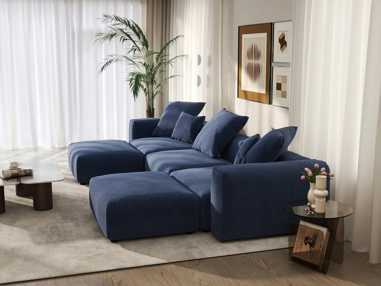 Sofá seccional Matrix en forma de U de 3 plazas en pana azul | 5 piezas (incluye 2 otomanas), asientos para la sala de estar, fácil de limpiar, diseño modular
