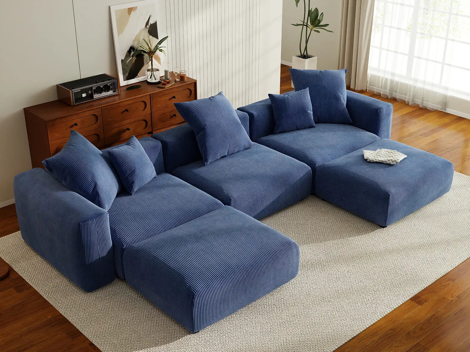 Sofá seccional Matrix en forma de U de 3 plazas en pana azul | 5 piezas (incluye 2 otomanas), asientos para la sala de estar, fácil de limpiar, diseño modular