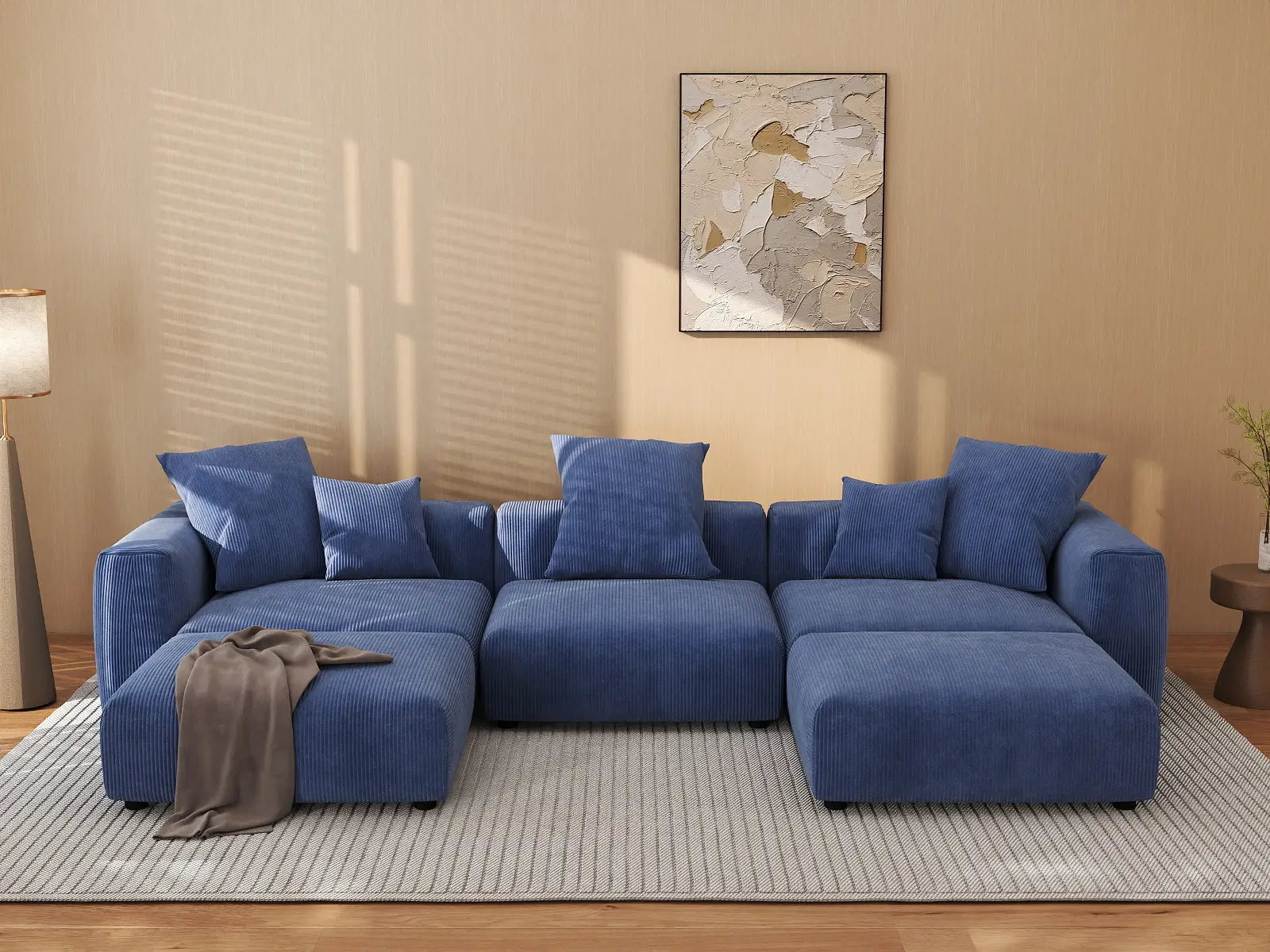 Sofá seccional Matrix en forma de U de 3 plazas en pana azul | 5 piezas (incluye 2 otomanas), asientos para la sala de estar, fácil de limpiar, diseño modular