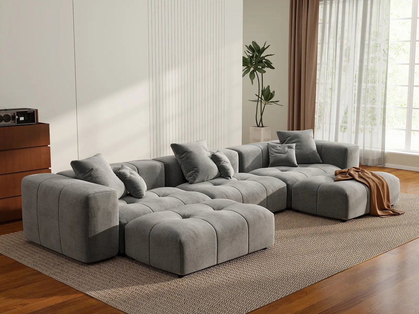 Matrix 3-Seater U-Shaped Sectional in Light-Grey Linen | 5-Piece (Includes 2 Ottomans), Family Room Seating, Stylish Design