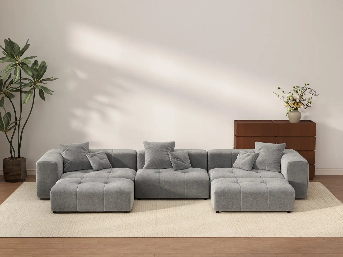 Matrix 3-Seater U-Shaped Sectional in Light-Grey Linen | 5-Piece (Includes 2 Ottomans), Family Room Seating, Stylish Design