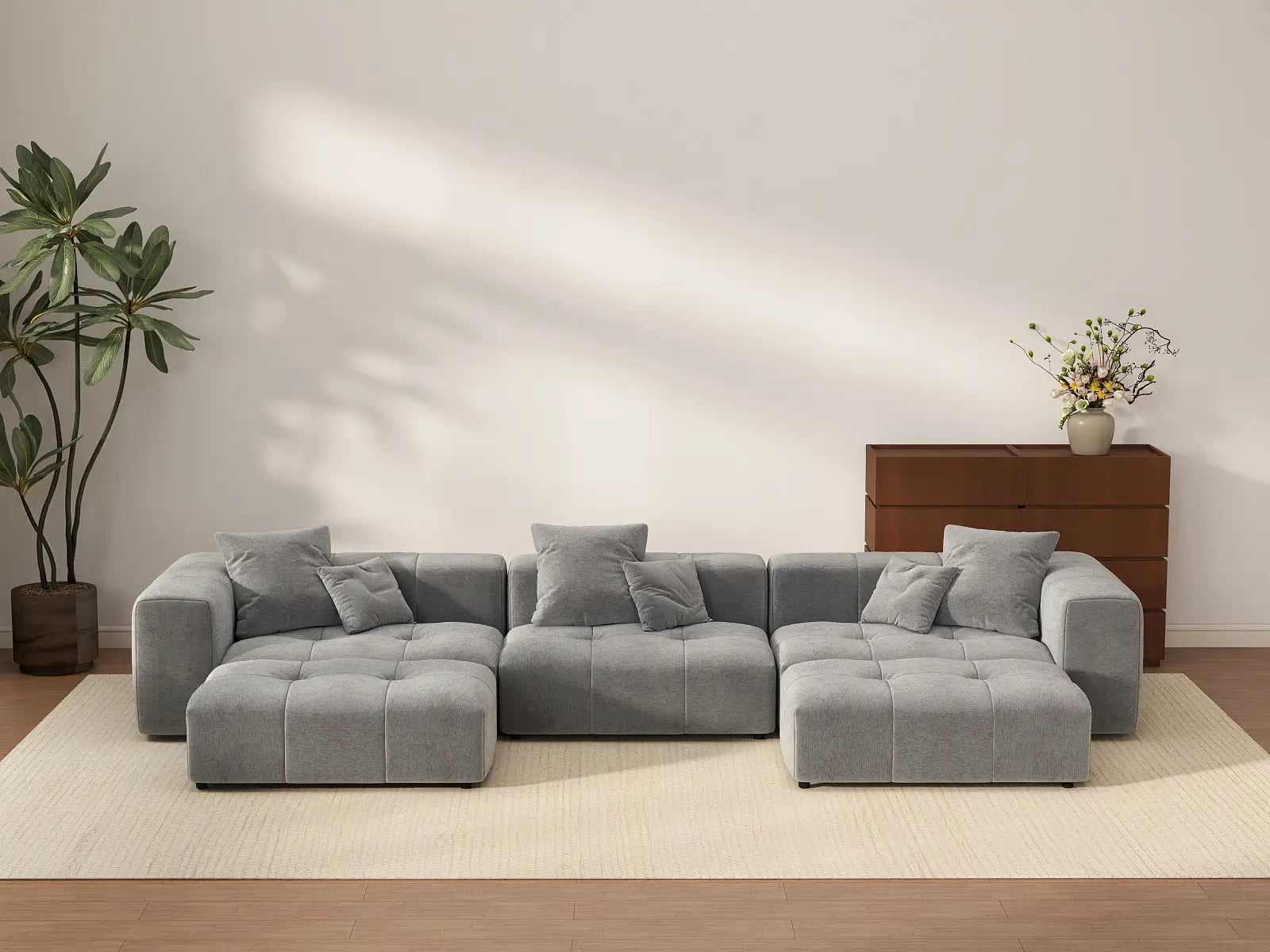 Matrix 3-Seater U-Shaped Sectional in Light-Grey Linen | 5-Piece (Includes 2 Ottomans), Family Room Seating, Stylish Design