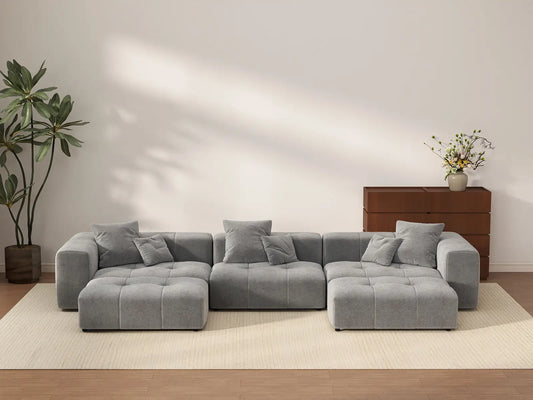 Matrix 3-Seater U-Shaped Sectional in Light-Grey Linen | 5-Piece (Includes 2 Ottomans), Family Room Seating, Stylish Design
