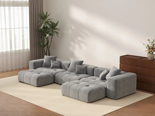 Matrix 3-Seater U-Shaped Sectional in Light-Grey Linen | 5-Piece (Includes 2 Ottomans), Family Room Seating, Stylish Design