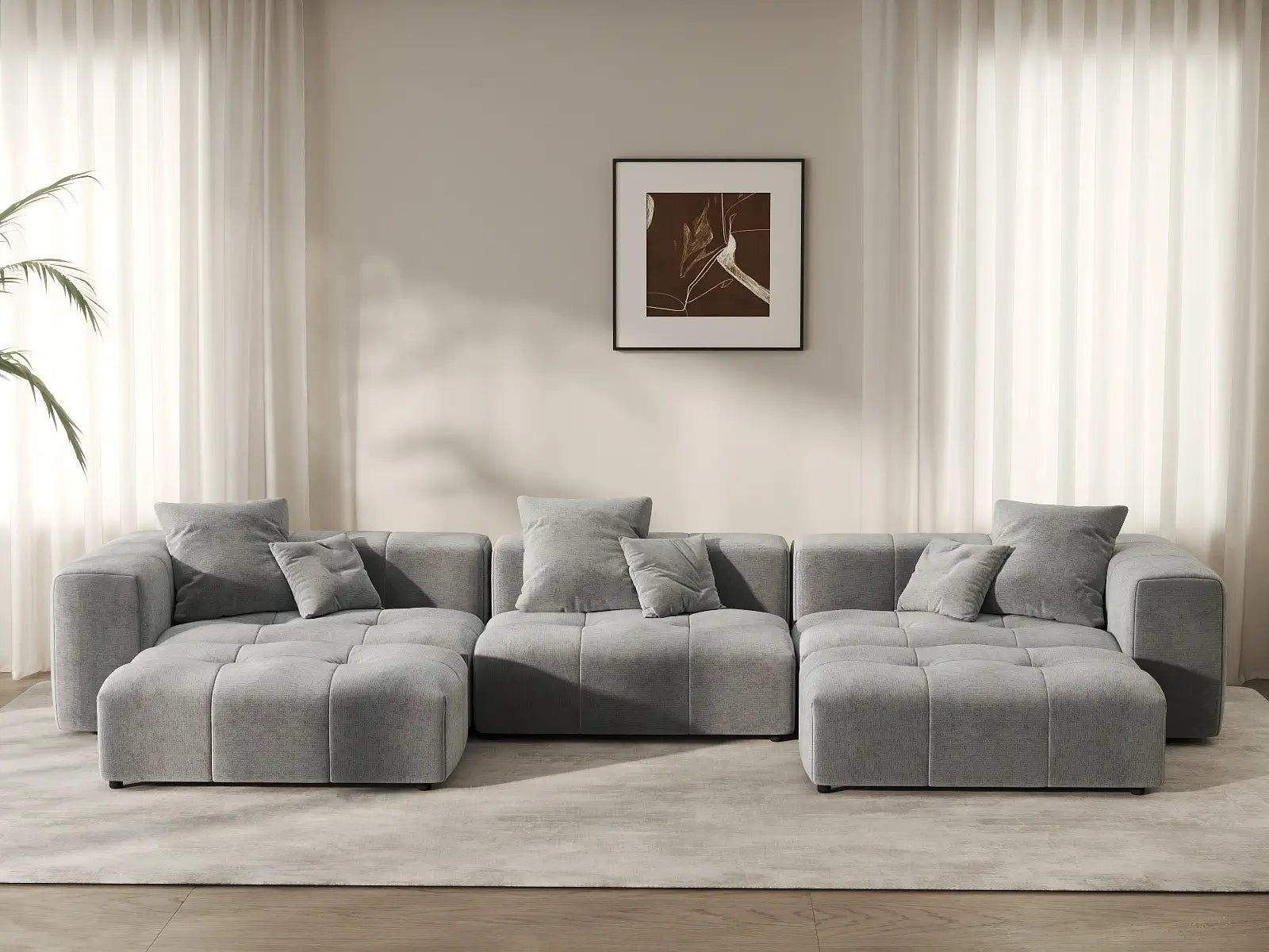 Matrix 3-Seater U-Shaped Sectional in Light-Grey Linen | 5-Piece (Includes 2 Ottomans), Family Room Seating, Stylish Design