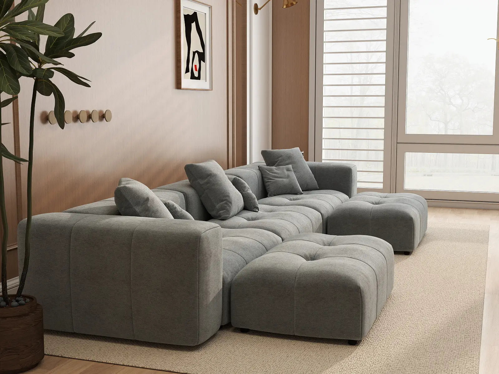 Matrix 3-Seater U-Shaped Sectional in Light-Grey Linen | 5-Piece (Includes 2 Ottomans), Family Room Seating, Stylish Design