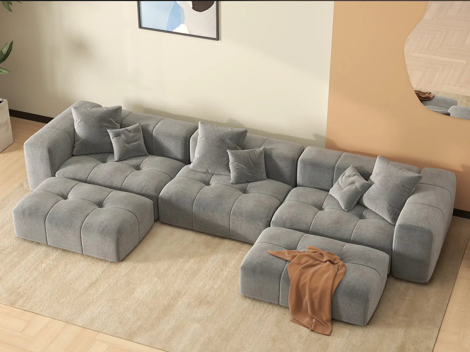 Matrix 3-Seater U-Shaped Sectional in Light-Grey Linen | 5-Piece (Includes 2 Ottomans), Family Room Seating, Stylish Design