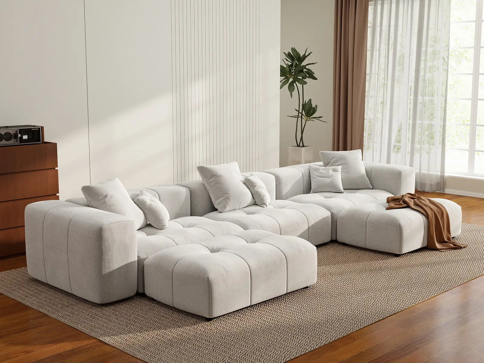 Matrix 3-Seater U-Shaped Sectional in White Linen | 5-Piece (Includes 2 Ottomans), Family Room Seating, Modular Design