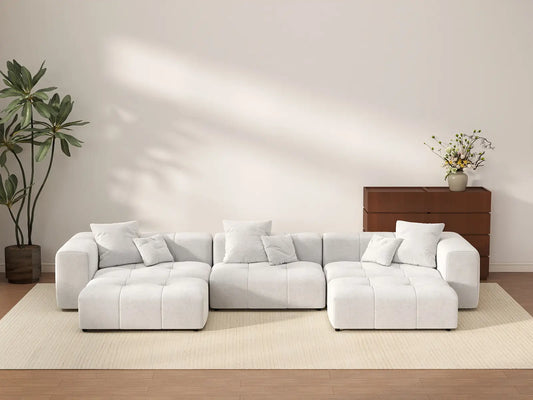 Matrix 3-Seater U-Shaped Sectional in White Linen | 5-Piece (Includes 2 Ottomans), Family Room Seating, Modular Design
