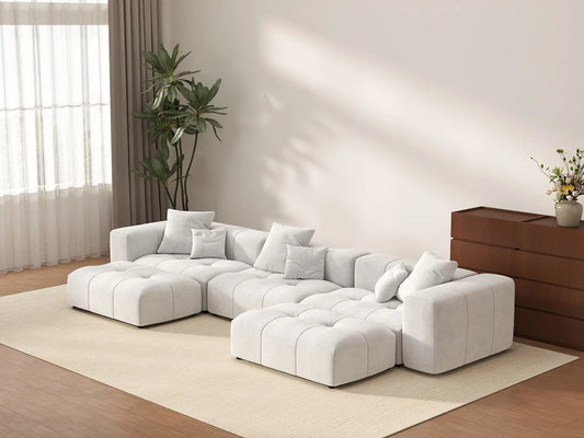 Matrix 3-Seater U-Shaped Sectional in White Linen | 5-Piece (Includes 2 Ottomans), Family Room Seating, Modular Design