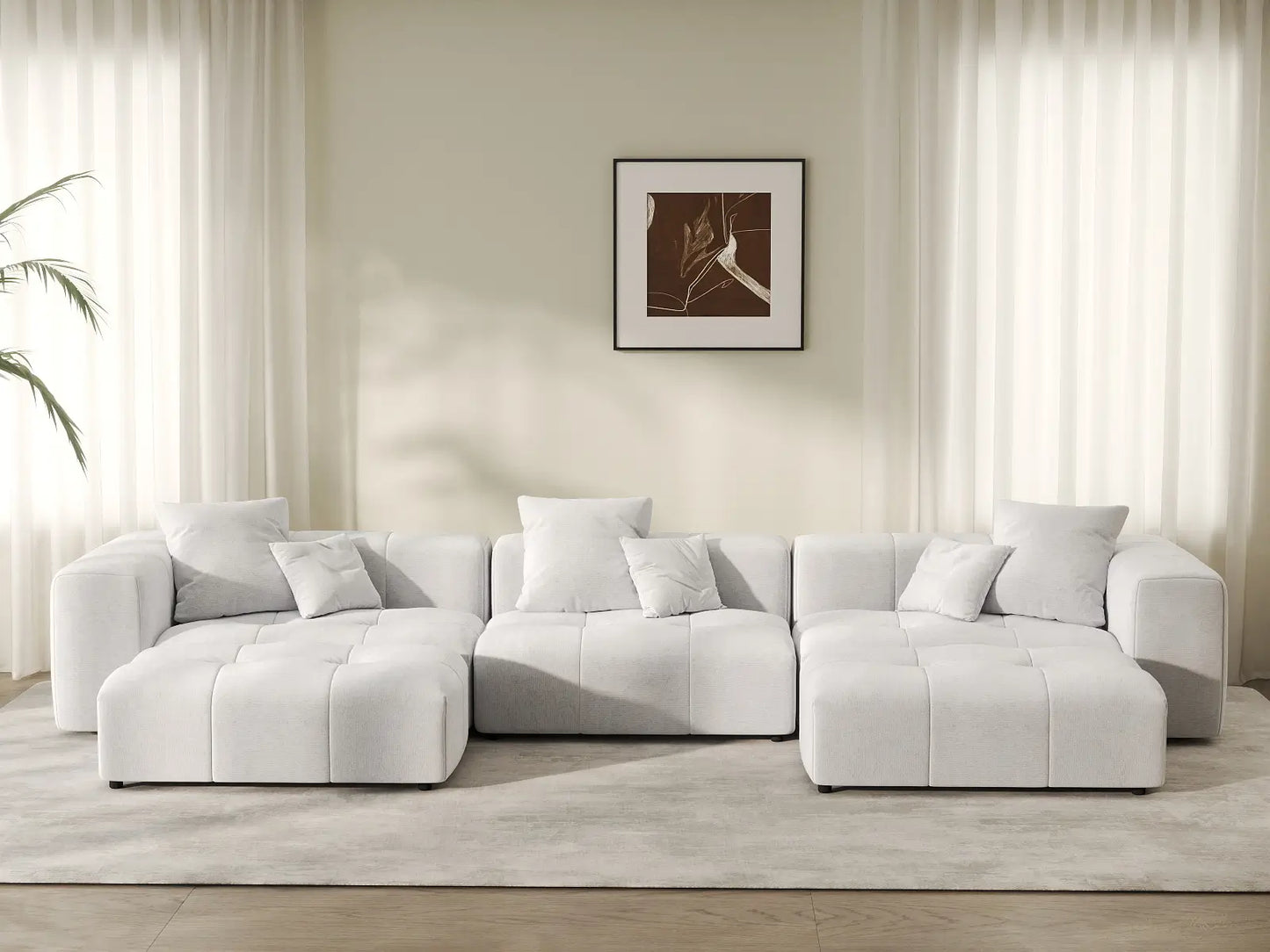 Matrix 3-Seater U-Shaped Sectional in White Linen | 5-Piece (Includes 2 Ottomans), Family Room Seating, Modular Design
