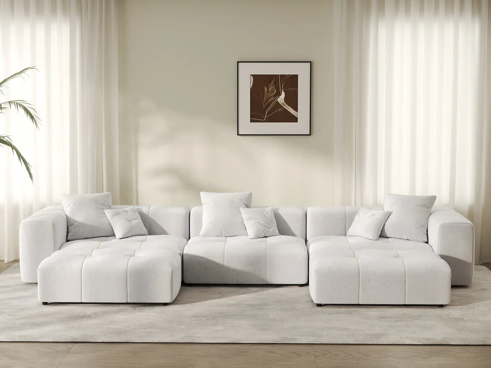 Matrix 3-Seater U-Shaped Sectional in White Linen | 5-Piece (Includes 2 Ottomans), Family Room Seating, Modular Design