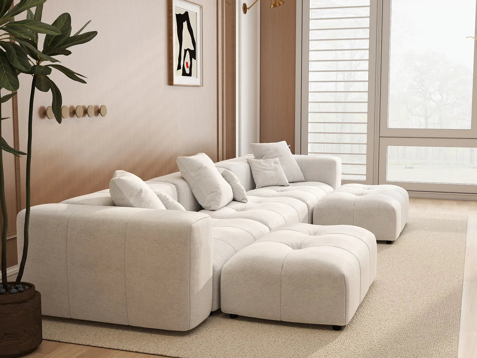 Matrix 3-Seater U-Shaped Sectional in White Linen | 5-Piece (Includes 2 Ottomans), Family Room Seating, Modular Design