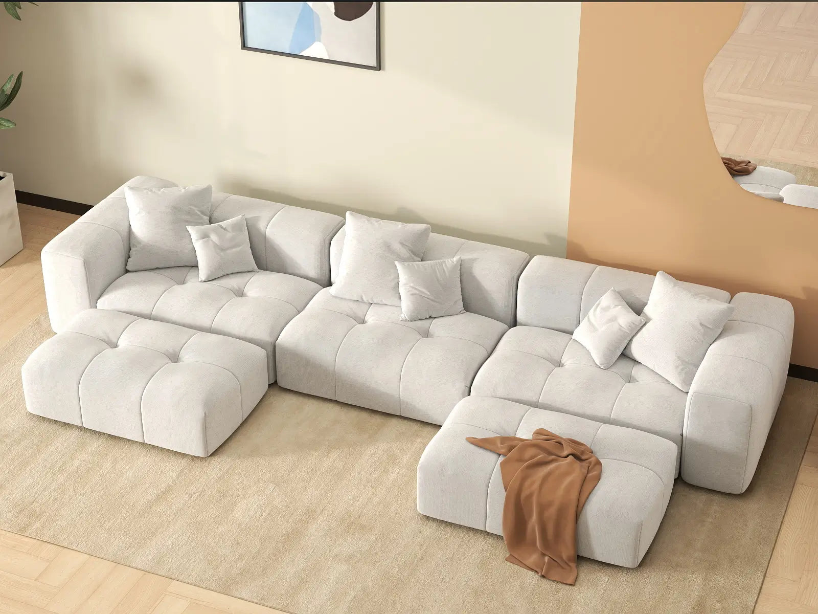Matrix 3-Seater U-Shaped Sectional in White Linen | 5-Piece (Includes 2 Ottomans), Family Room Seating, Modular Design