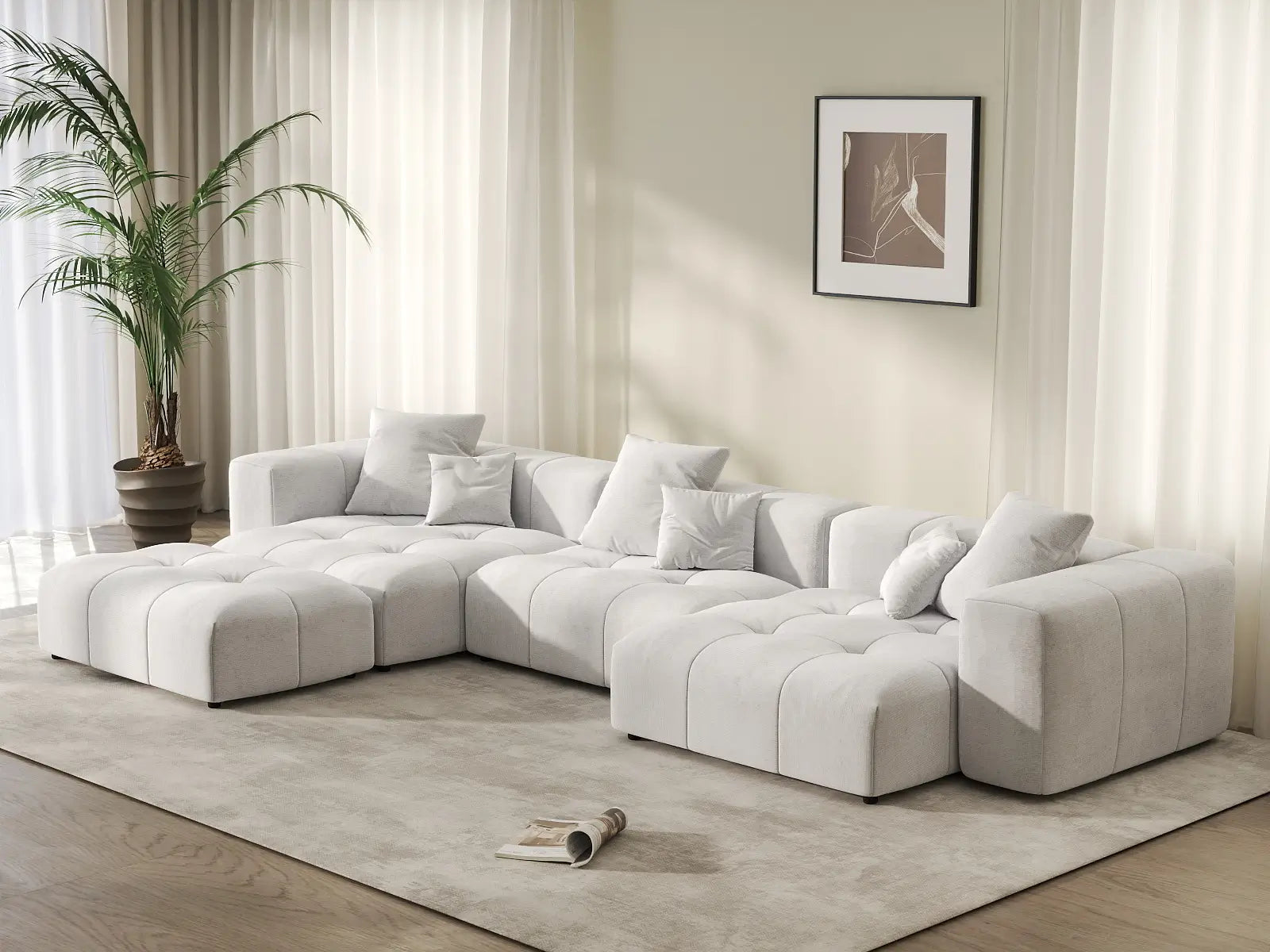 Matrix 3-Seater White Large Space L-Shaped Sectional | 4-Piece (Includes 1 Ottoman), Linen Fabric