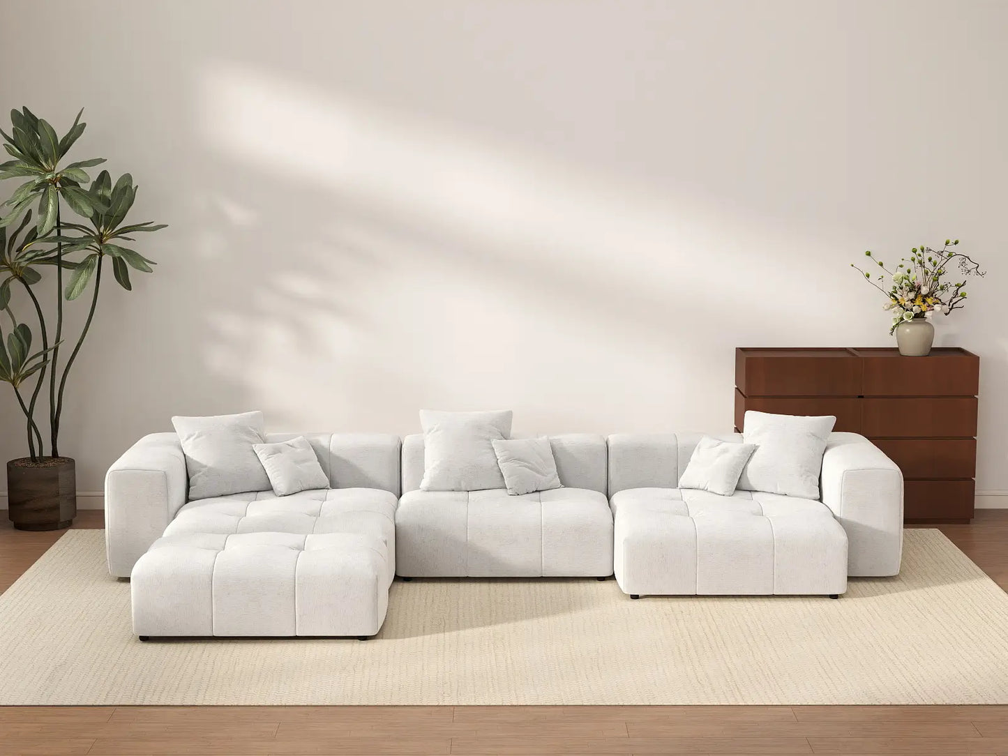 Matrix 3-Seater White Large Space L-Shaped Sectional | 4-Piece (Includes 1 Ottoman), Linen Fabric