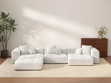 Matrix 3-Seater White Large Space L-Shaped Sectional | 4-Piece (Includes 1 Ottoman), Linen Fabric