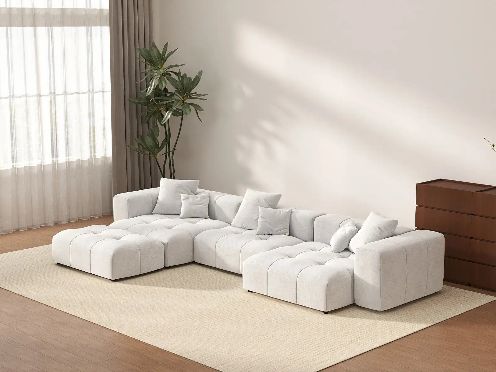 Matrix 3-Seater White Large Space L-Shaped Sectional | 4-Piece (Includes 1 Ottoman), Linen Fabric