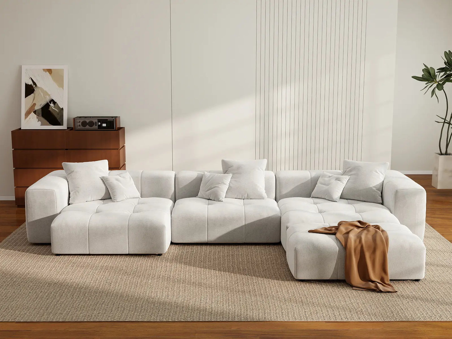 Matrix 3-Seater White Large Space L-Shaped Sectional | 4-Piece (Includes 1 Ottoman), Linen Fabric