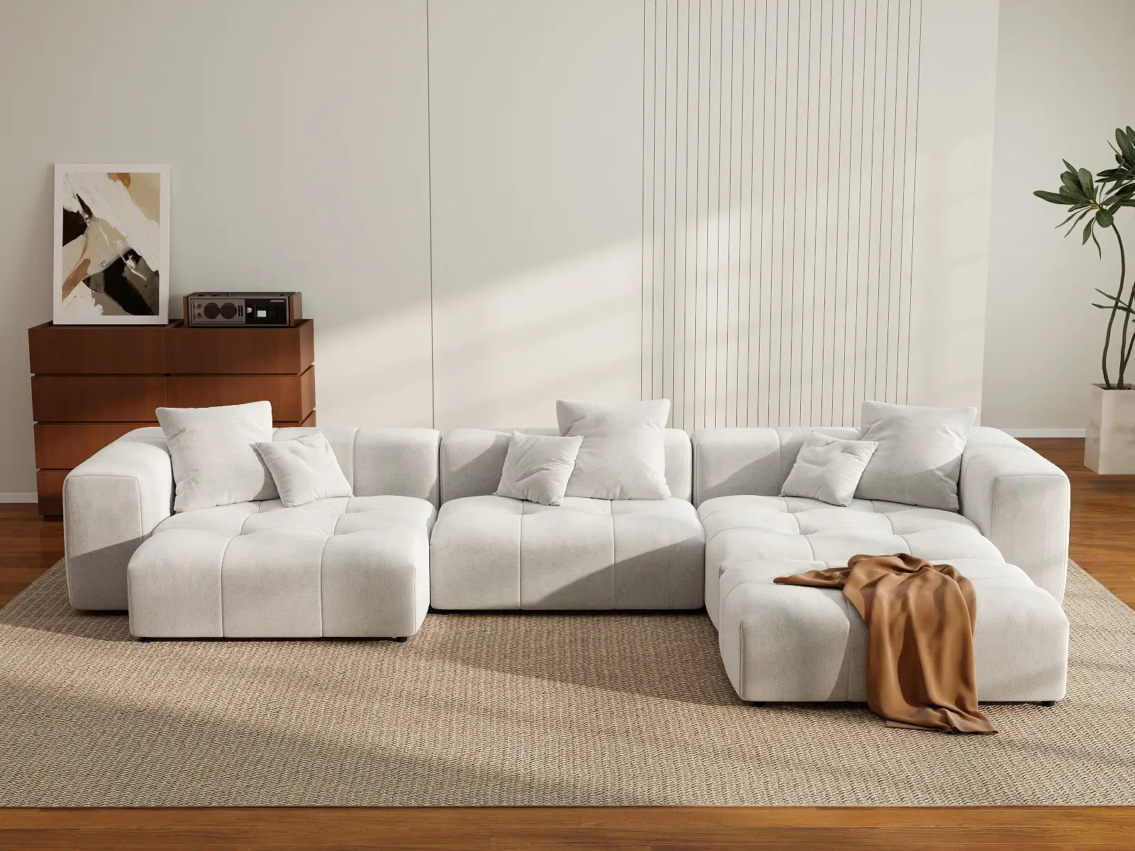 Matrix 3-Seater White Large Space L-Shaped Sectional | 4-Piece (Includes 1 Ottoman), Linen Fabric