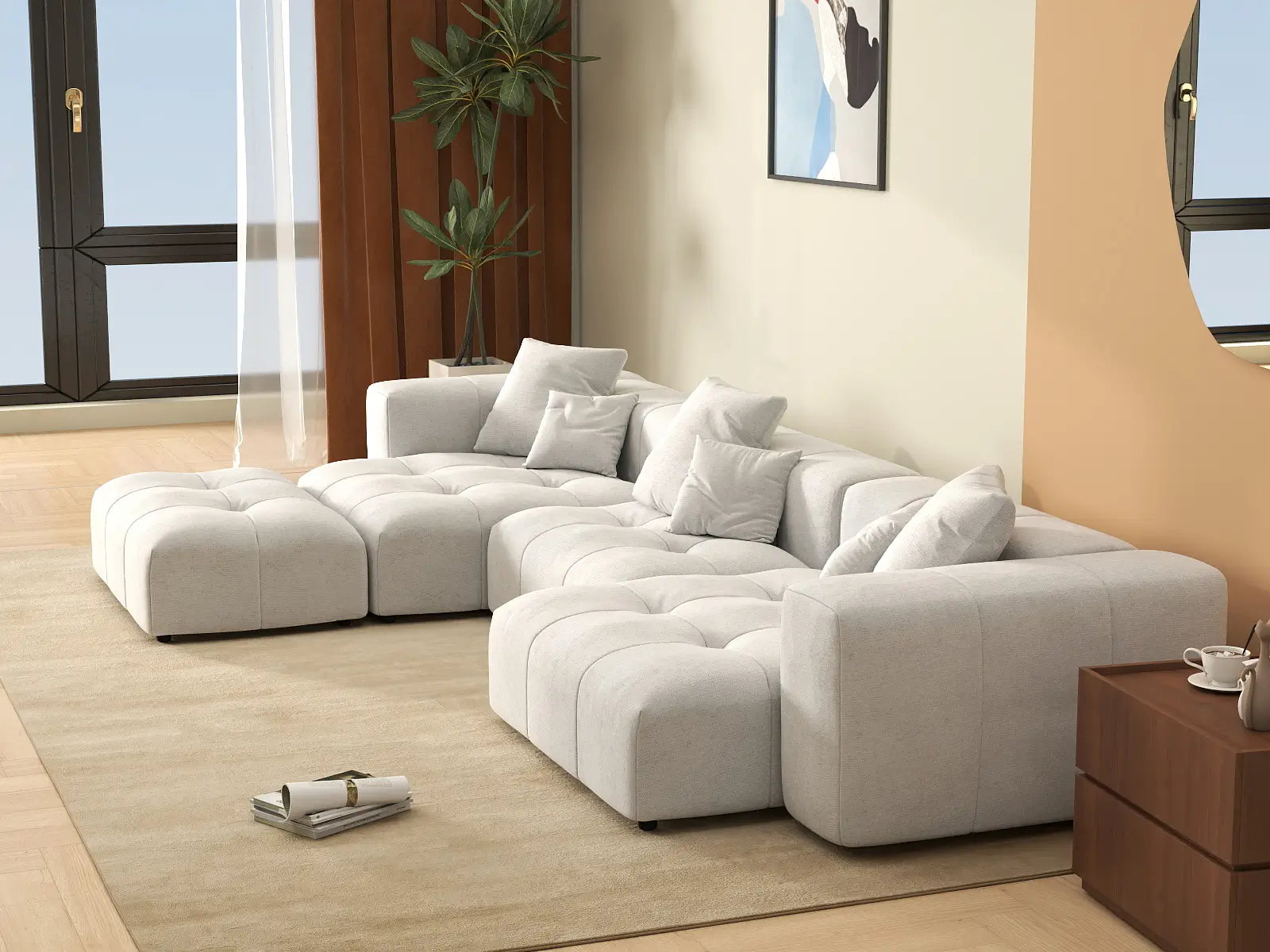Matrix 3-Seater White Large Space L-Shaped Sectional | 4-Piece (Includes 1 Ottoman), Linen Fabric