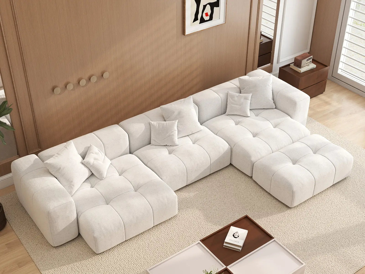 Matrix 3-Seater White Large Space L-Shaped Sectional | 4-Piece (Includes 1 Ottoman), Linen Fabric