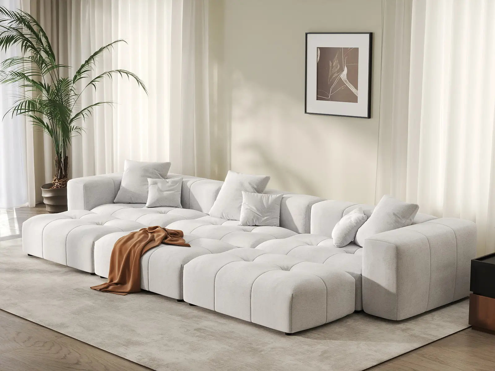 Matrix 3-Seater White Large Space Pit Sectional | 6-Piece (Includes 3 Ottomans), Linen Fabric