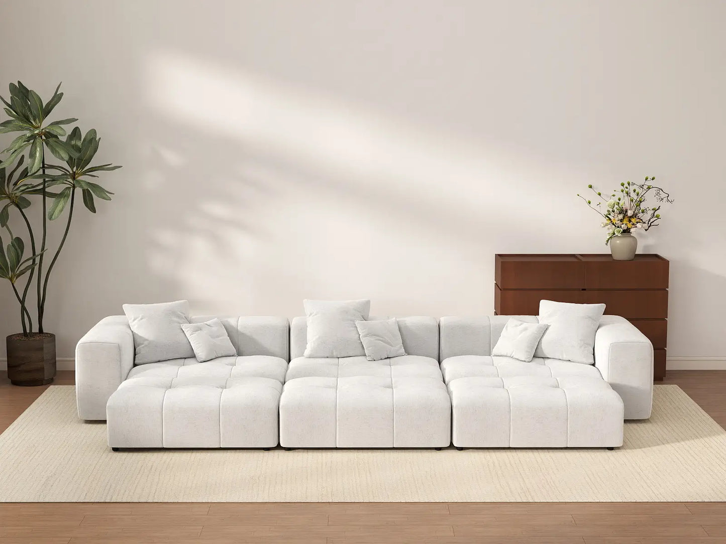 Matrix 3-Seater White Large Space Pit Sectional | 6-Piece (Includes 3 Ottomans), Linen Fabric