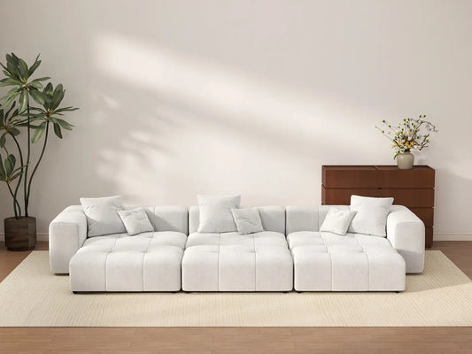 Matrix 3-Seater White Large Space Pit Sectional | 6-Piece (Includes 3 Ottomans), Linen Fabric